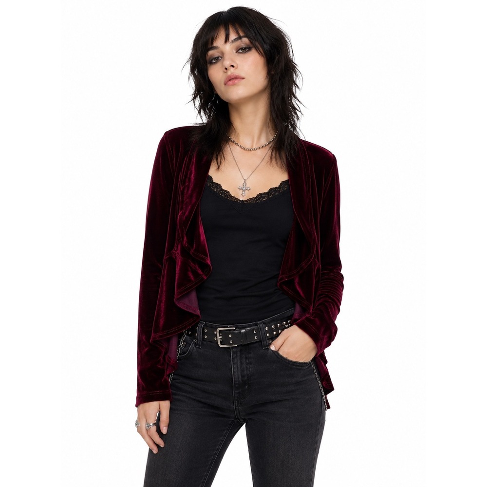 Burgundy Velvet Waterfall Cardigan Lace Back PM Wine Red Seampunk Whimsigoth